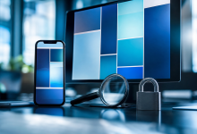 Ilustração de publicidade digital com smartphone, lupa e cadeado em composição tecnológica sem textos legíveis