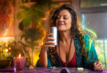 Mulher adulta caracterizada como sensitiva segura uma lata genérica de refrigerante em cenário colorido e bem-humorado
