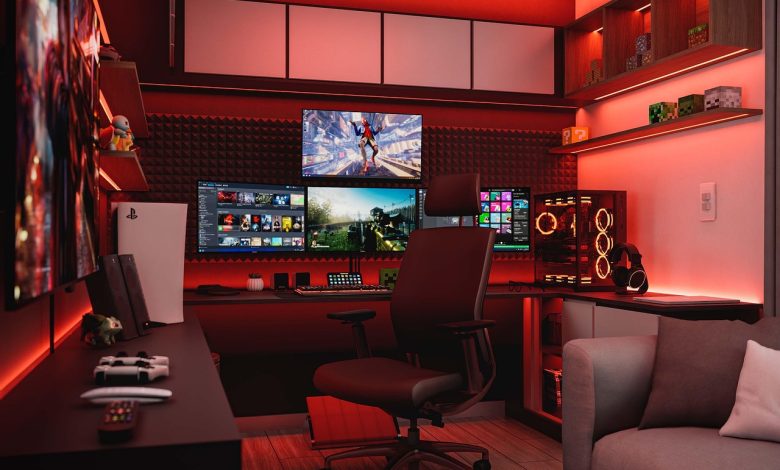 Ambiente doméstico moderno com console PlayStation, computador, fones de ouvido e iluminação vermelha