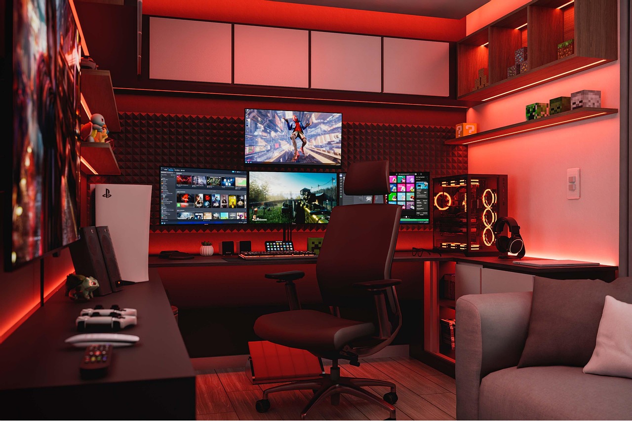 Ambiente doméstico moderno com console PlayStation, computador, fones de ouvido e iluminação vermelha
